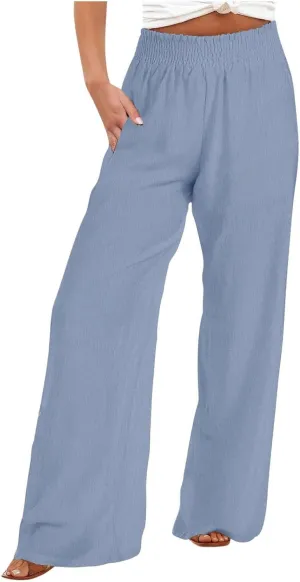 Linen Pants Women 2025 Summer Flowy Palazzo Pants Wide Leg Beach Pants High Waisted Lounge Vacation Trousers