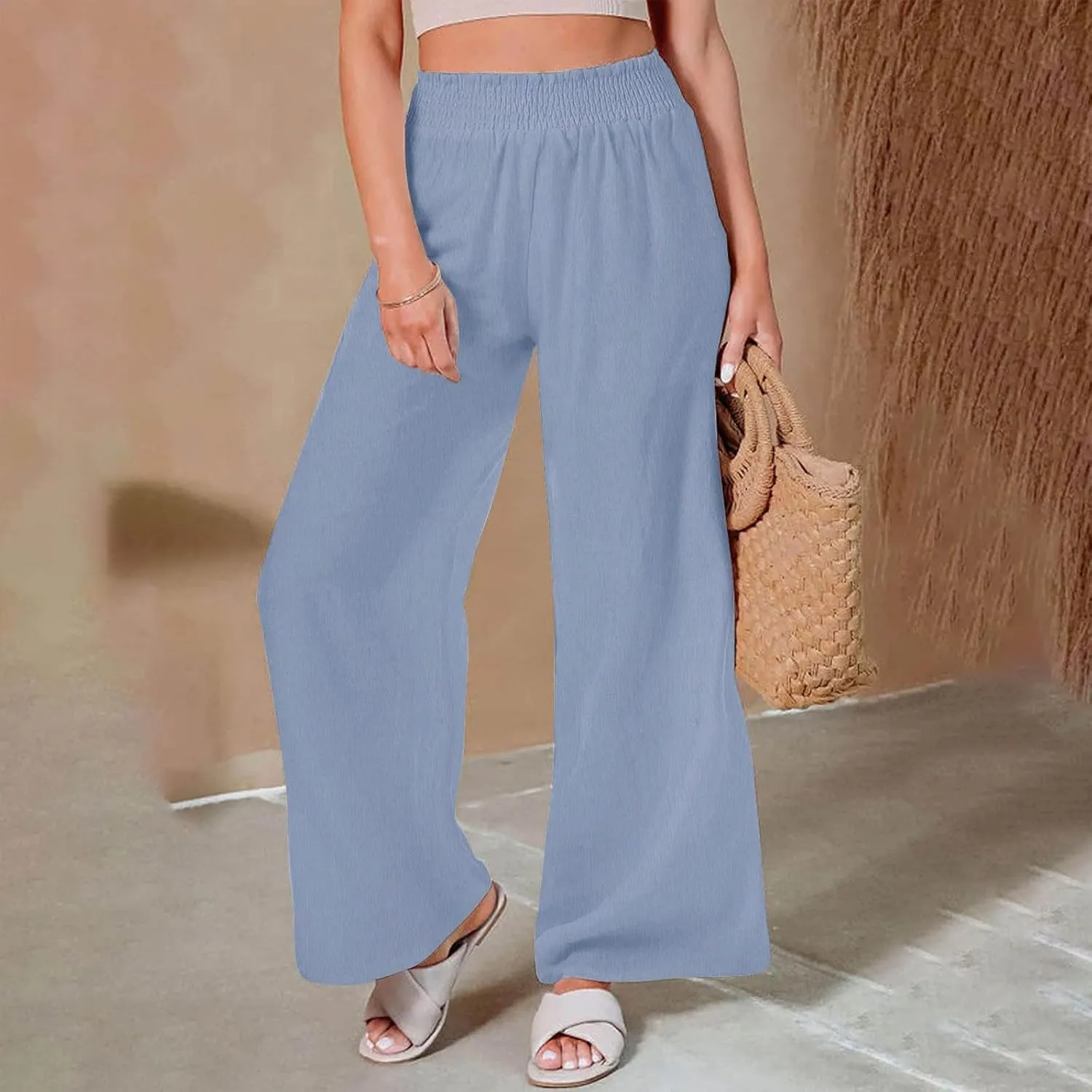 Linen Pants Women 2025 Summer Flowy Palazzo Pants Wide Leg Beach Pants High Waisted Lounge Vacation Trousers