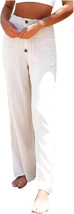 Linen Pants Women Summer Beach Casual Loose Wide Leg Pants for Women Elastic Waist Palazzo Pants Trousers with Pockets