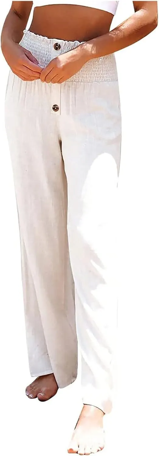 Linen Pants Women Summer Beach Casual Loose Wide Leg Pants for Women Elastic Waist Palazzo Pants Trousers with Pockets