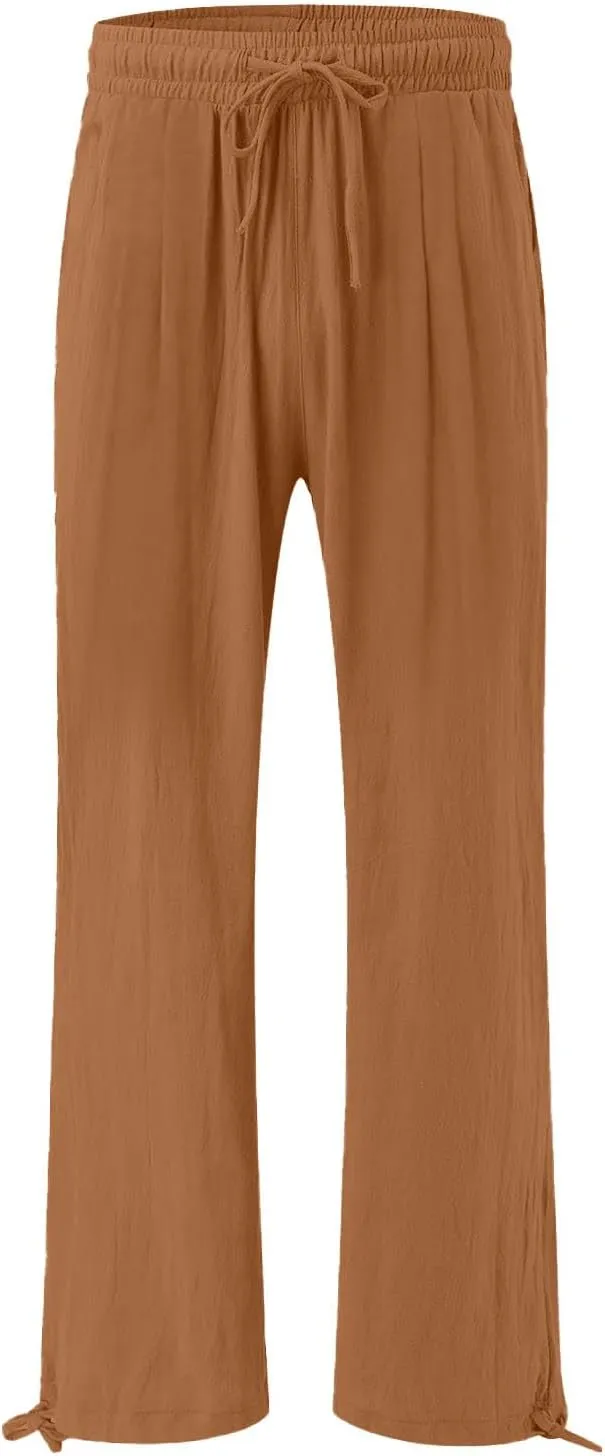 Linen Pants Women Summer Wide Leg Drawstring Elastic Waist Pant High Waisted Palazzo Pants Casual Beach Trousers