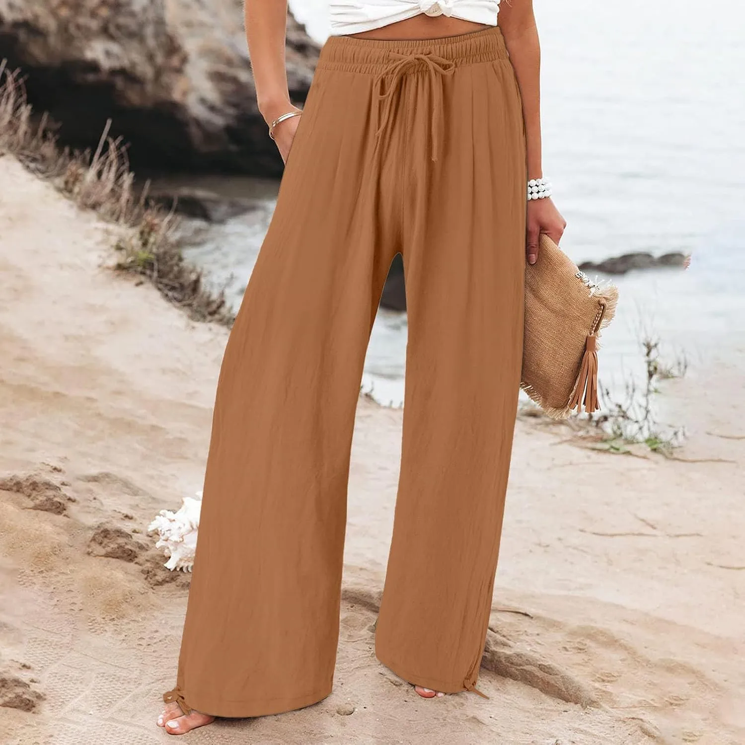 Linen Pants Women Summer Wide Leg Drawstring Elastic Waist Pant High Waisted Palazzo Pants Casual Beach Trousers