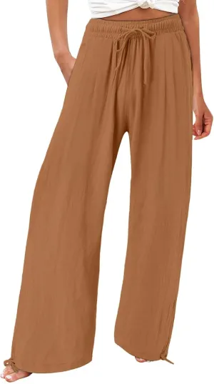 Linen Pants Women Summer Wide Leg Drawstring Elastic Waist Pant High Waisted Palazzo Pants Casual Beach Trousers