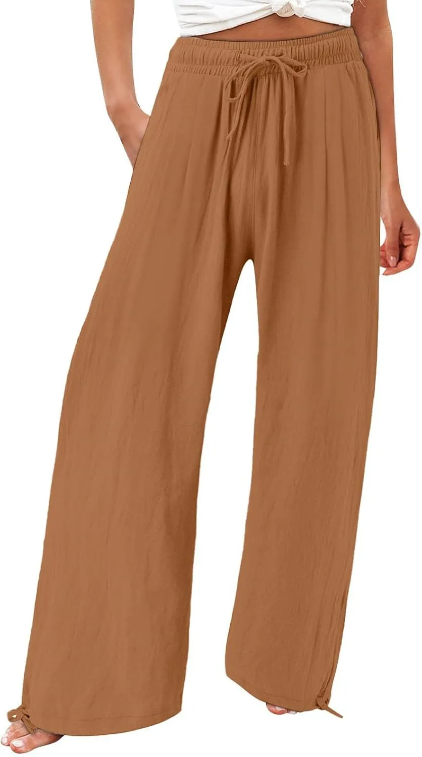Linen Pants Women Summer Wide Leg Drawstring Elastic Waist Pant High Waisted Palazzo Pants Casual Beach Trousers
