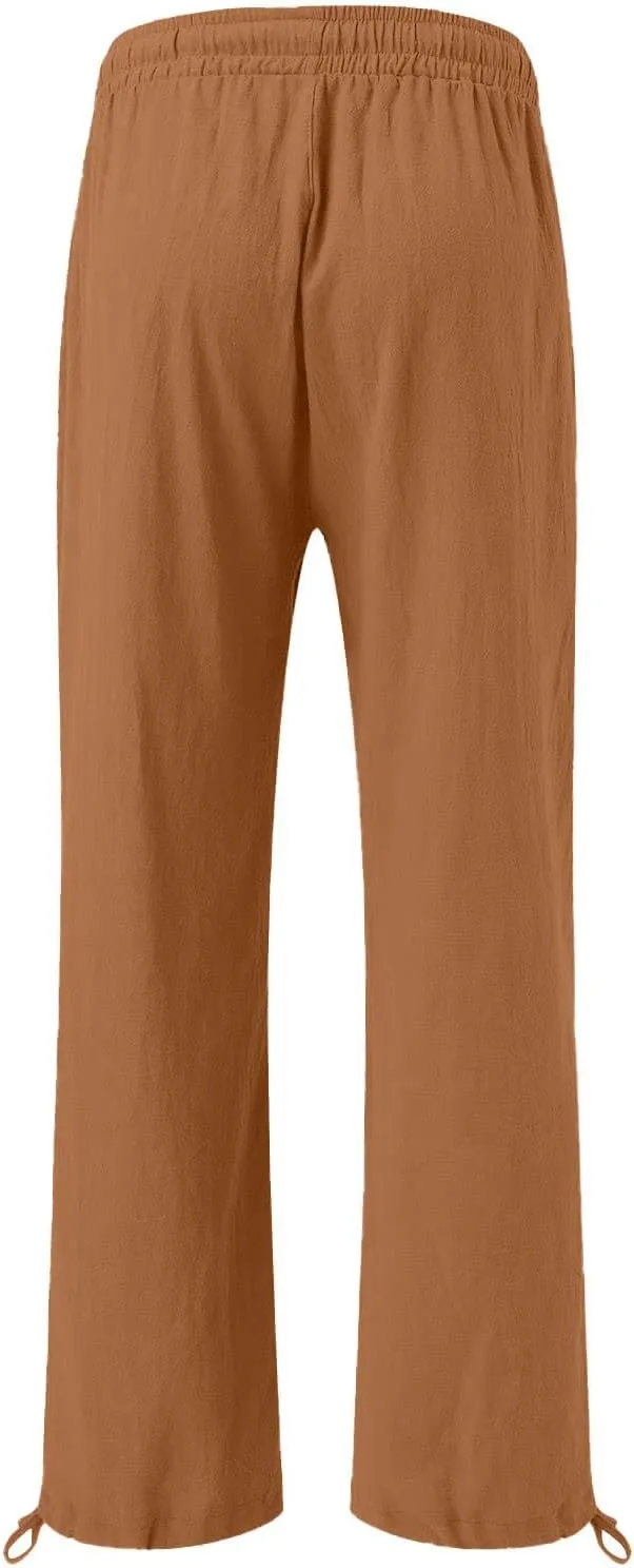 Linen Pants Women Summer Wide Leg Drawstring Elastic Waist Pant High Waisted Palazzo Pants Casual Beach Trousers