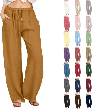 Linen Pants Women Wide Leg Drawstring Elastic Waist Palazzo Pants with Pockets Flowy Boho Beach Lounge Trousers Pant
