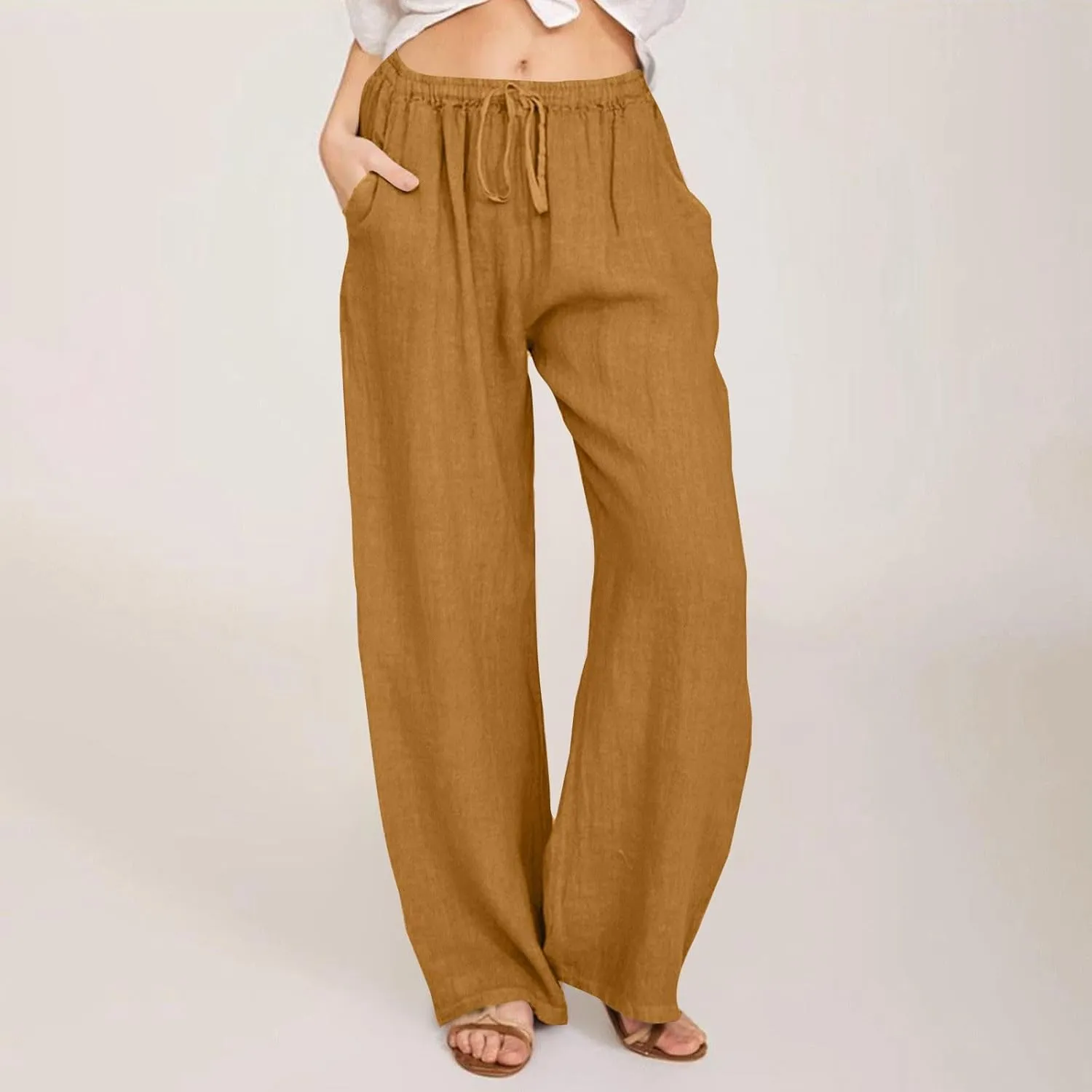 Linen Pants Women Wide Leg Drawstring Elastic Waist Palazzo Pants with Pockets Flowy Boho Beach Lounge Trousers Pant