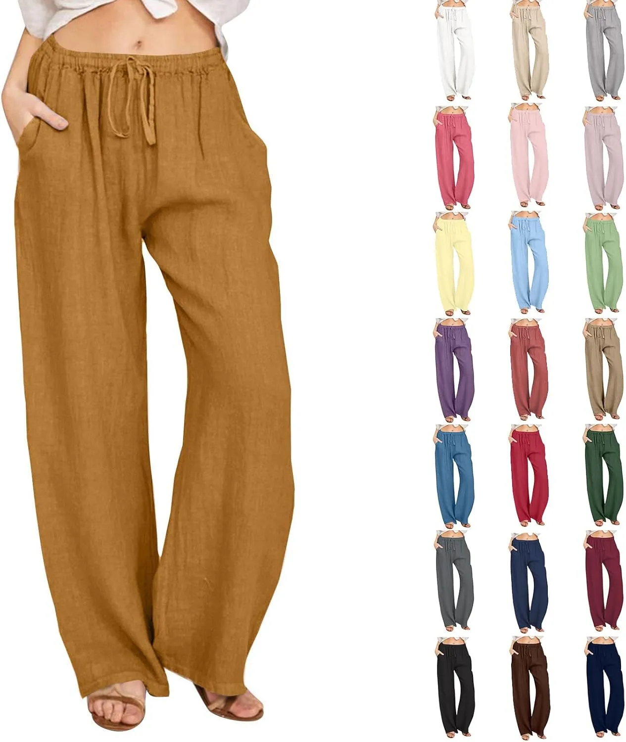 Linen Pants Women Wide Leg Drawstring Elastic Waist Palazzo Pants with Pockets Flowy Boho Beach Lounge Trousers Pant