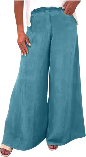 Linen Pants Women's Linen Summer Palazzo Pant Flowy Wide Leg Beach Palazzo Slacks Lounge Bottoms Culottes with Pockets
