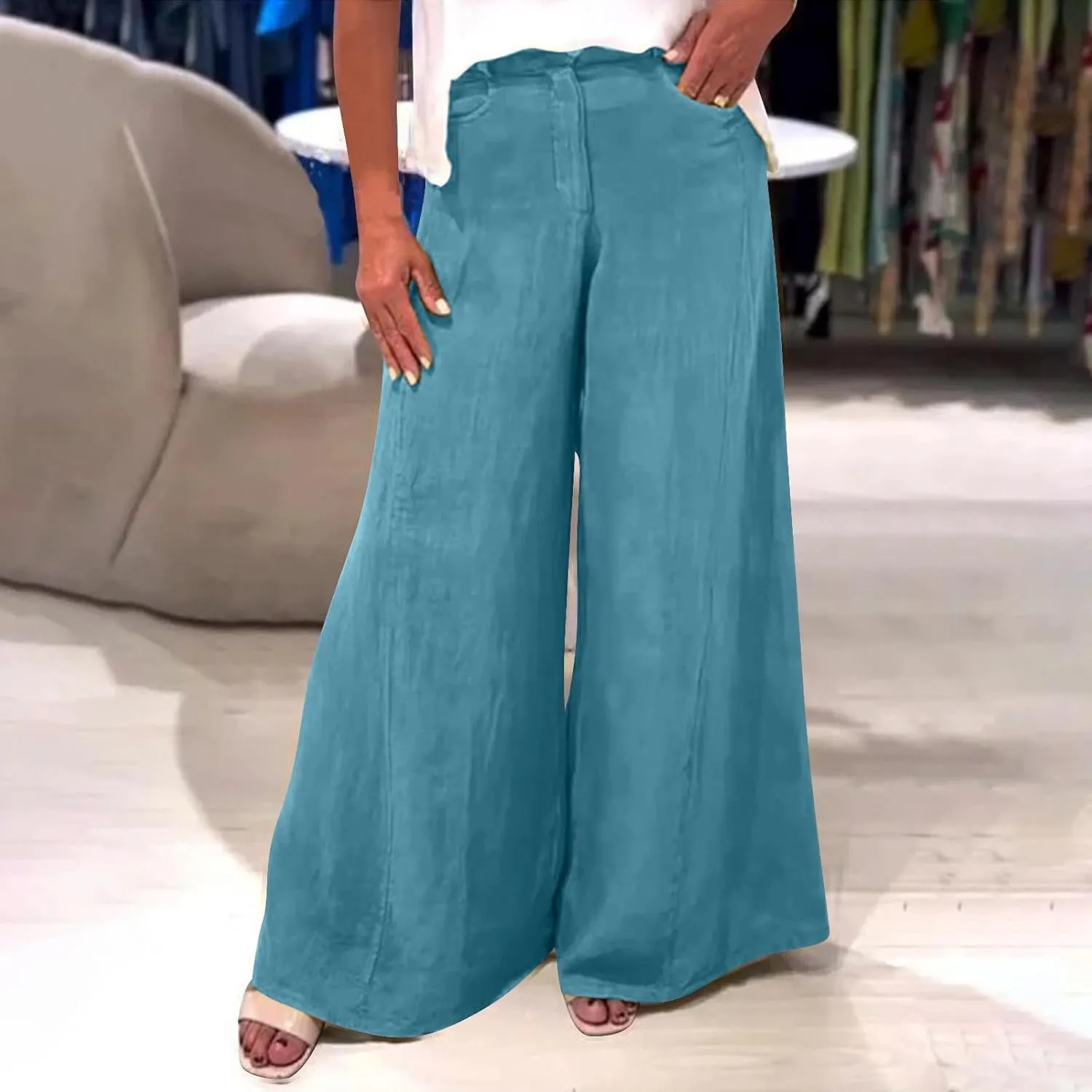 Linen Pants Women's Linen Summer Palazzo Pant Flowy Wide Leg Beach Palazzo Slacks Lounge Bottoms Culottes with Pockets