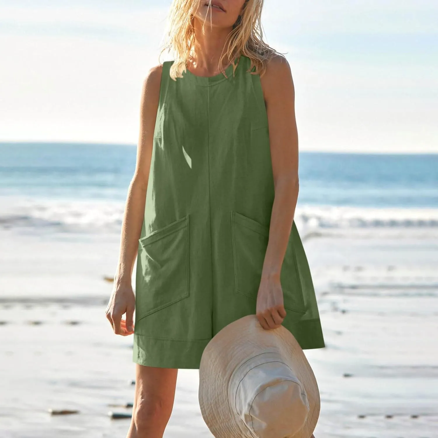 Linen Rompers For Women 2025 Summer Dressy Jumpsuits Casual Shorts Overalls Sexy Sleeveless Beach Romper With Pockets