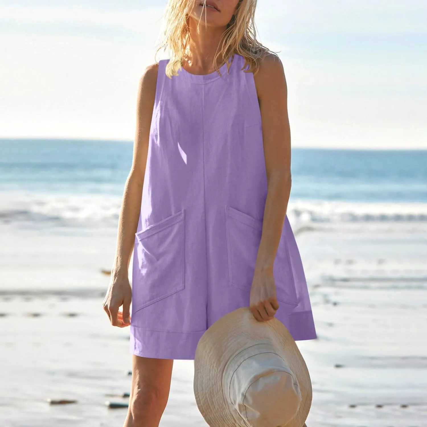 Linen Rompers For Women 2025 Summer Dressy Jumpsuits Casual Shorts Overalls Sexy Sleeveless Beach Romper With Pockets