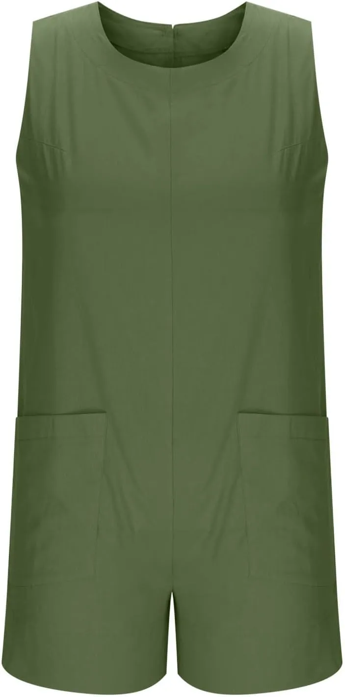 Linen Rompers For Women 2025 Summer Dressy Jumpsuits Casual Shorts Overalls Sexy Sleeveless Beach Romper With Pockets