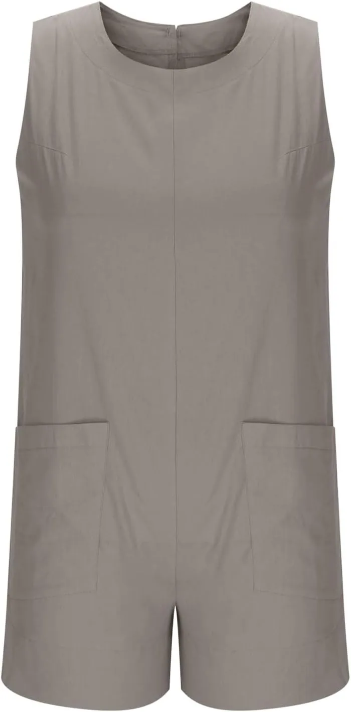 Linen Rompers For Women 2025 Summer Dressy Jumpsuits Casual Shorts Overalls Sexy Sleeveless Beach Romper With Pockets