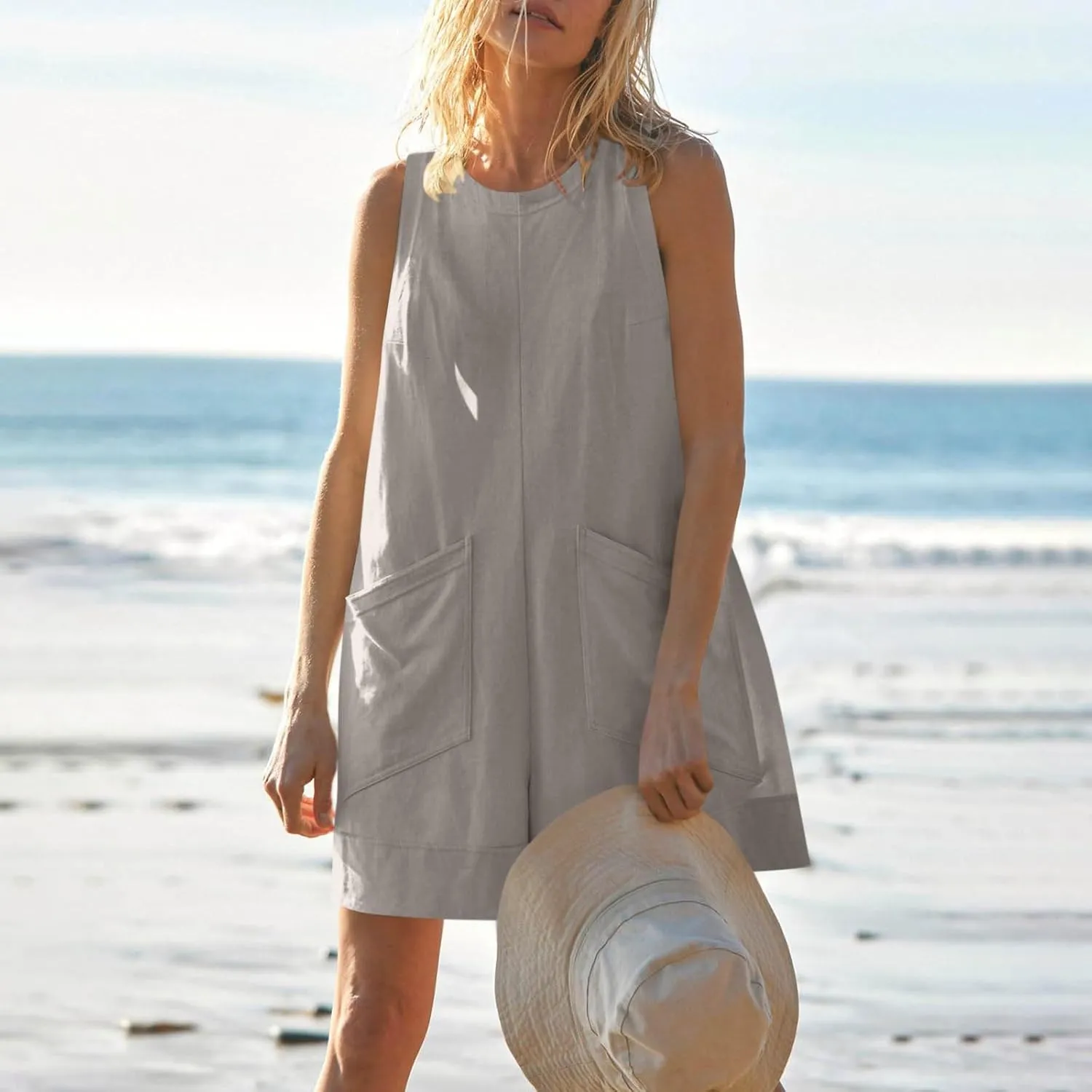 Linen Rompers For Women 2025 Summer Dressy Jumpsuits Casual Shorts Overalls Sexy Sleeveless Beach Romper With Pockets