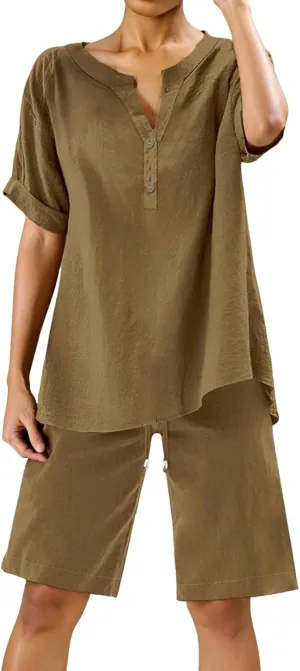 Linen Sets for Women 2 Piece Matching Sets Short Sleeve Pullover Tops Drawstring High Waisted Shorts Tracksuits