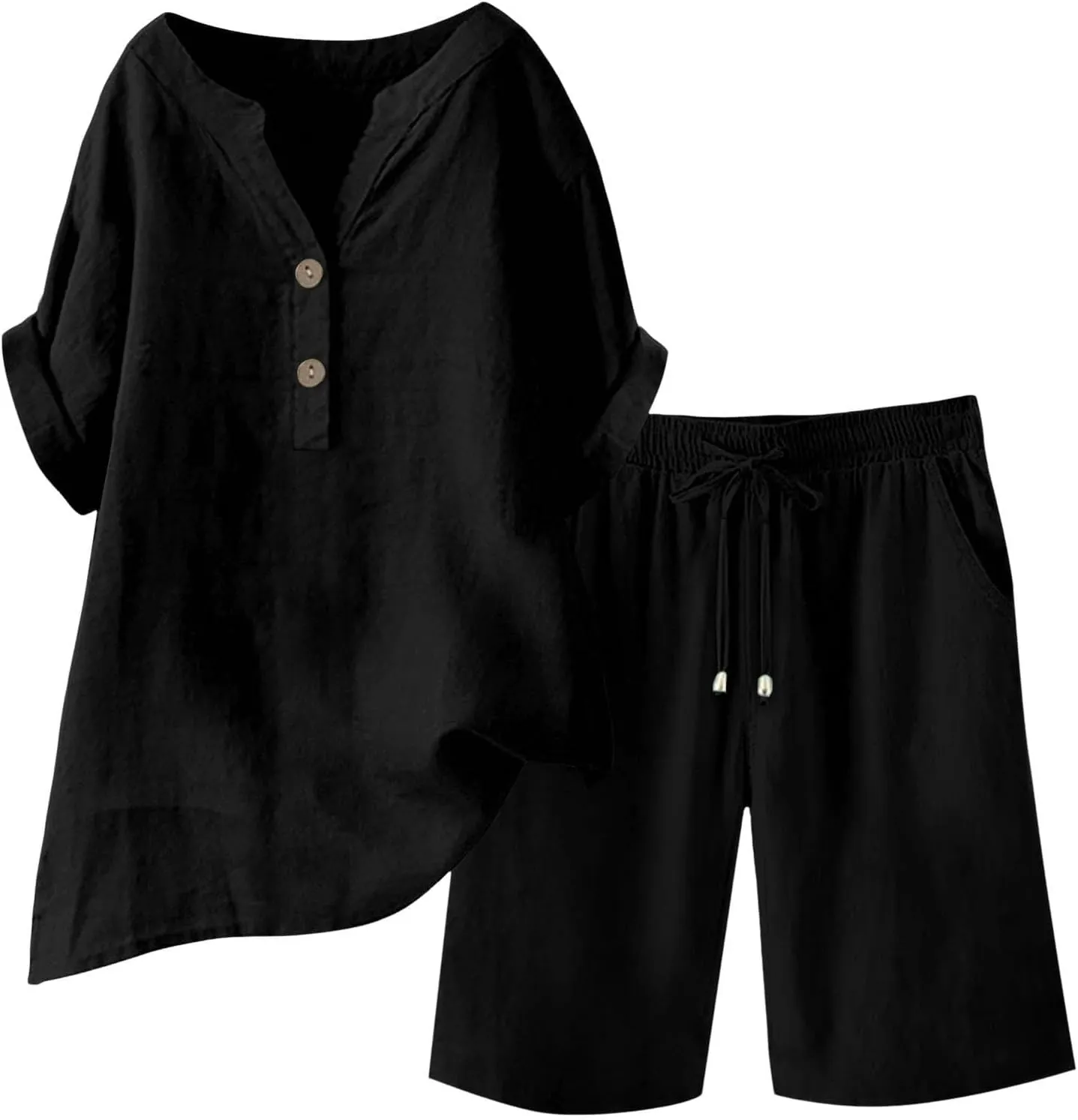 Linen Sets for Women 2 Piece Matching Sets Short Sleeve Pullover Tops Drawstring High Waisted Shorts Tracksuits