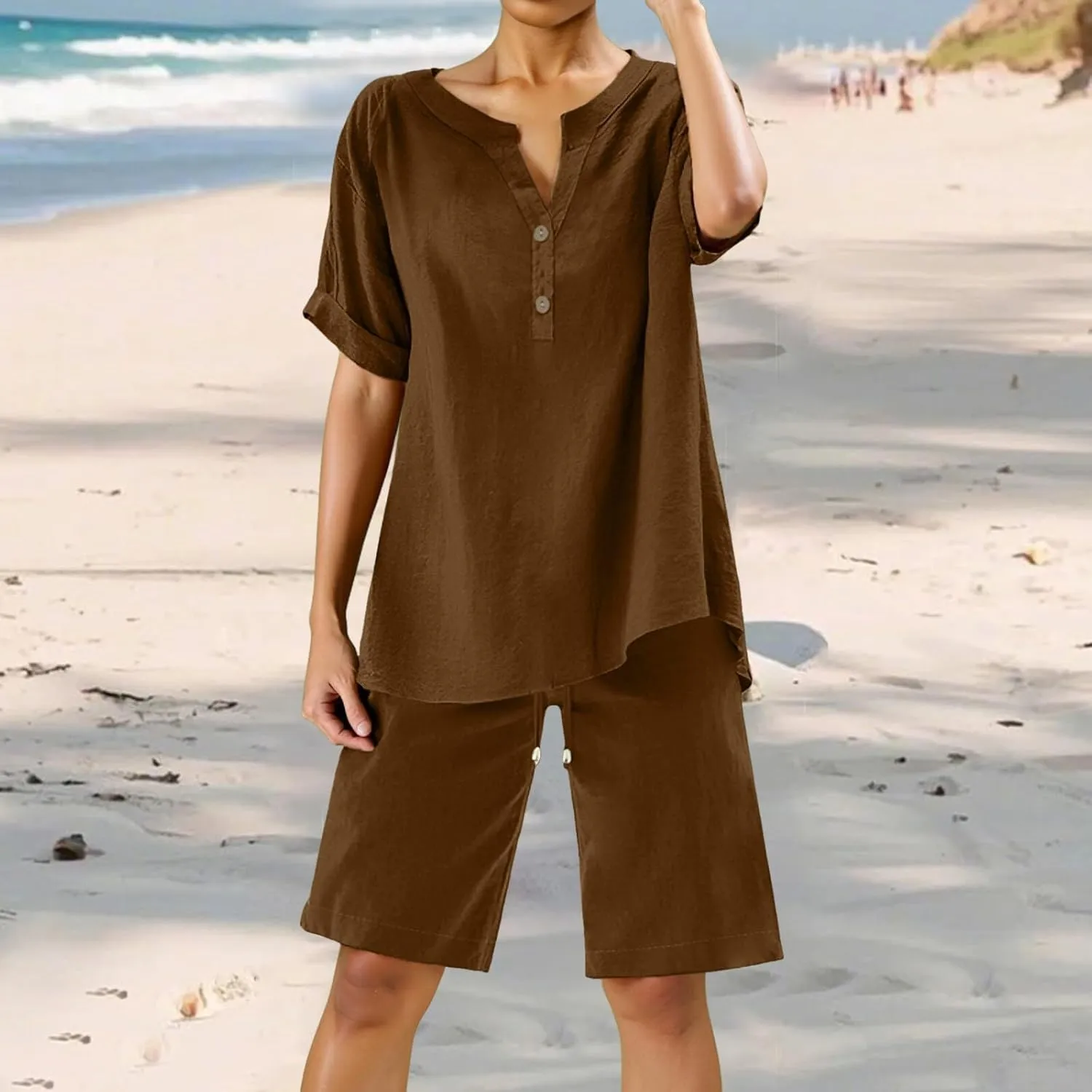 Linen Sets for Women 2 Piece Matching Sets Short Sleeve Pullover Tops Drawstring High Waisted Shorts Tracksuits