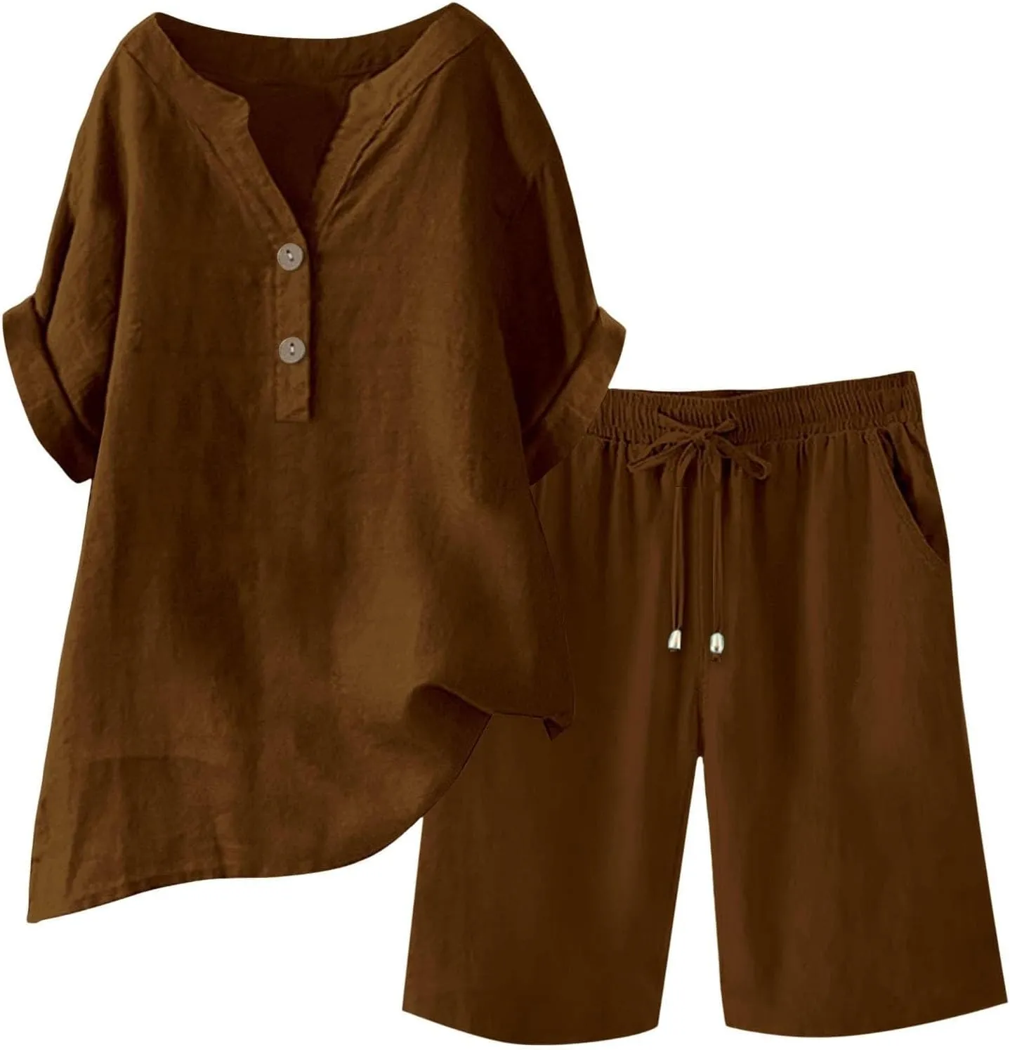 Linen Sets for Women 2 Piece Matching Sets Short Sleeve Pullover Tops Drawstring High Waisted Shorts Tracksuits