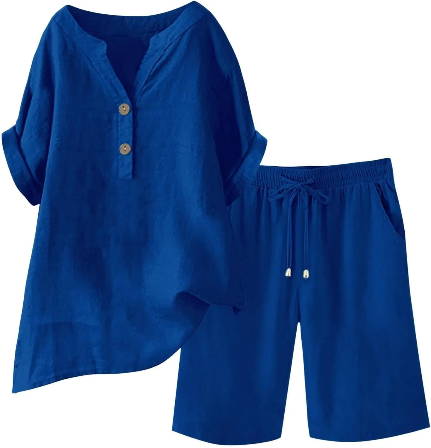 Linen Sets for Women 2 Piece Matching Sets Short Sleeve Pullover Tops Drawstring High Waisted Shorts Tracksuits
