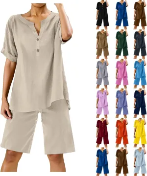 Linen Sets for Women 2 Piece Matching Sets Short Sleeve Pullover Tops Drawstring High Waisted Shorts Tracksuits