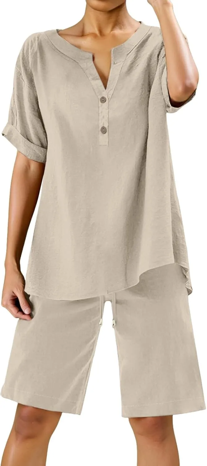 Linen Sets for Women 2 Piece Matching Sets Short Sleeve Pullover Tops Drawstring High Waisted Shorts Tracksuits