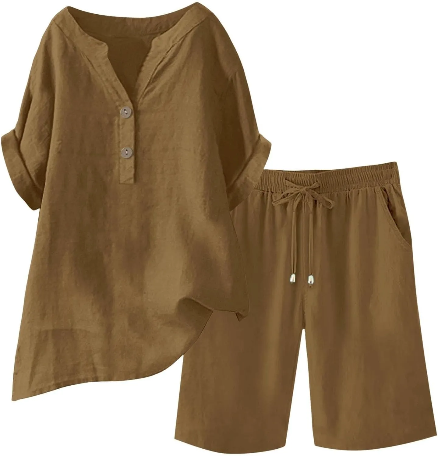 Linen Sets for Women 2 Piece Matching Sets Short Sleeve Pullover Tops Drawstring High Waisted Shorts Tracksuits