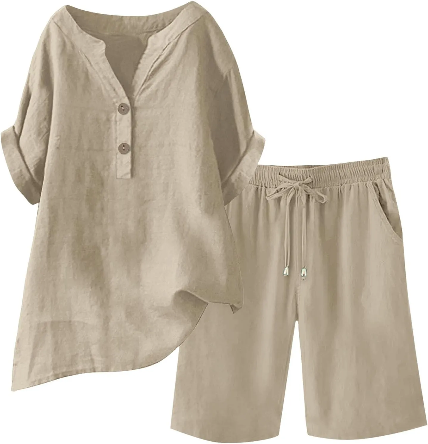 Linen Sets for Women 2 Piece Matching Sets Short Sleeve Pullover Tops Drawstring High Waisted Shorts Tracksuits