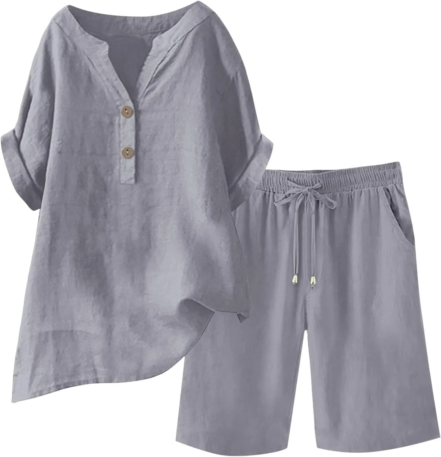 Linen Sets for Women 2 Piece Matching Sets Short Sleeve Pullover Tops Drawstring High Waisted Shorts Tracksuits