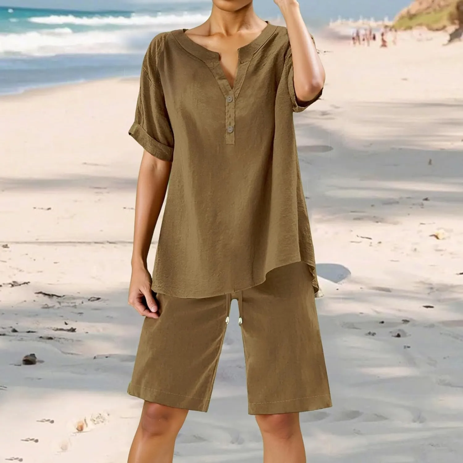 Linen Sets for Women 2 Piece Matching Sets Short Sleeve Pullover Tops Drawstring High Waisted Shorts Tracksuits