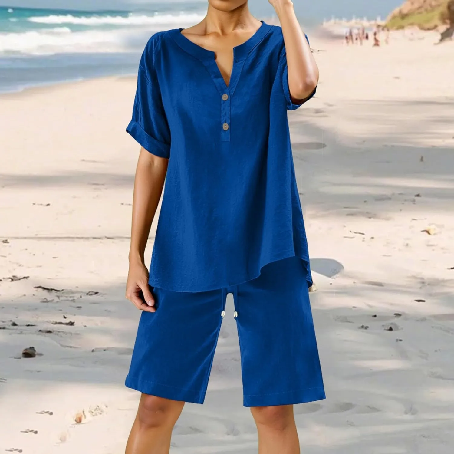 Linen Sets for Women 2 Piece Matching Sets Short Sleeve Pullover Tops Drawstring High Waisted Shorts Tracksuits