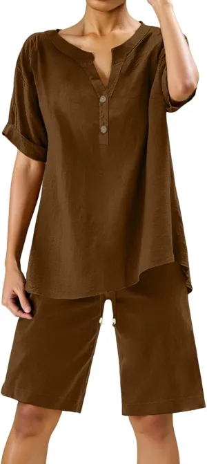 Linen Sets for Women 2 Piece Matching Sets Short Sleeve Pullover Tops Drawstring High Waisted Shorts Tracksuits