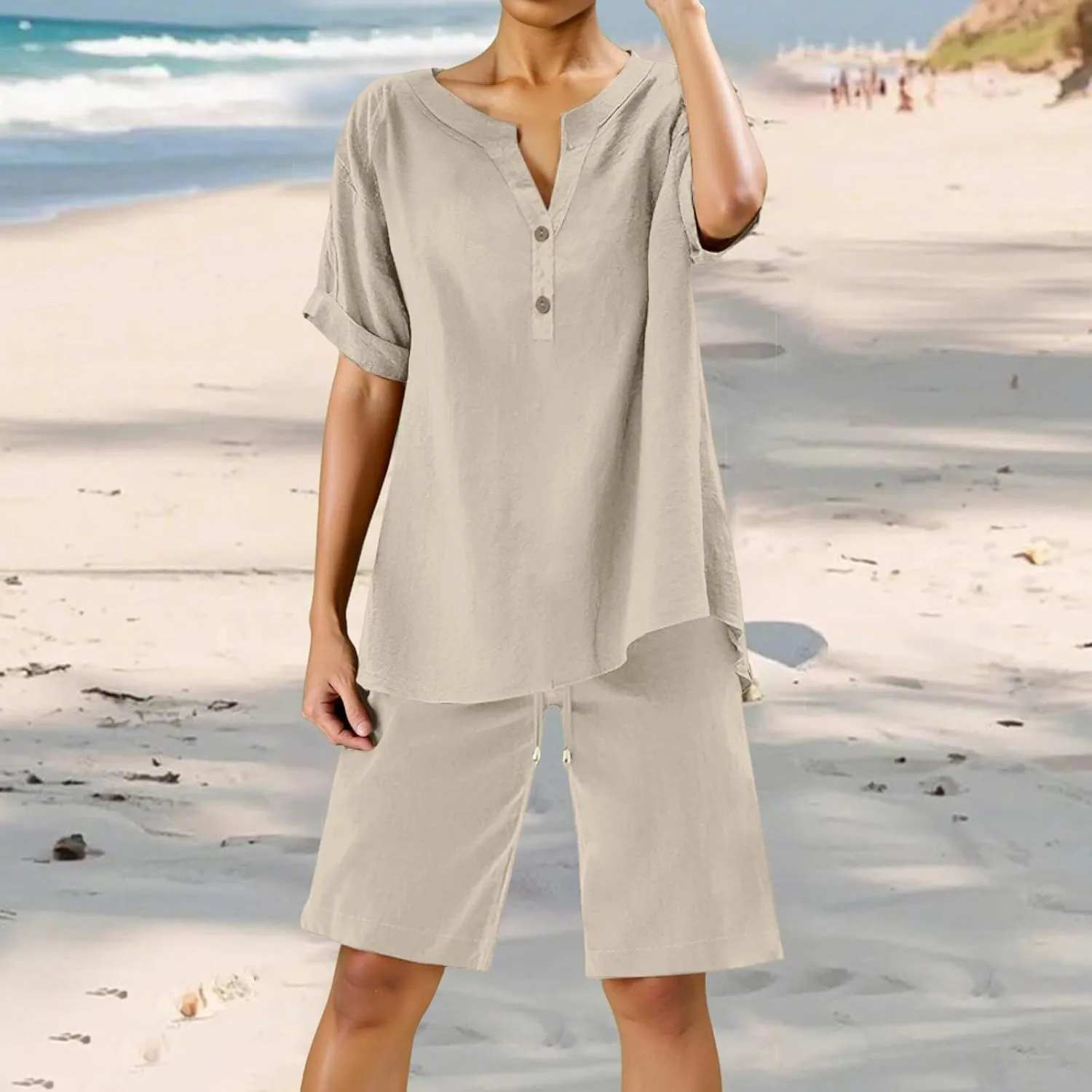 Linen Sets for Women 2 Piece Matching Sets Short Sleeve Pullover Tops Drawstring High Waisted Shorts Tracksuits
