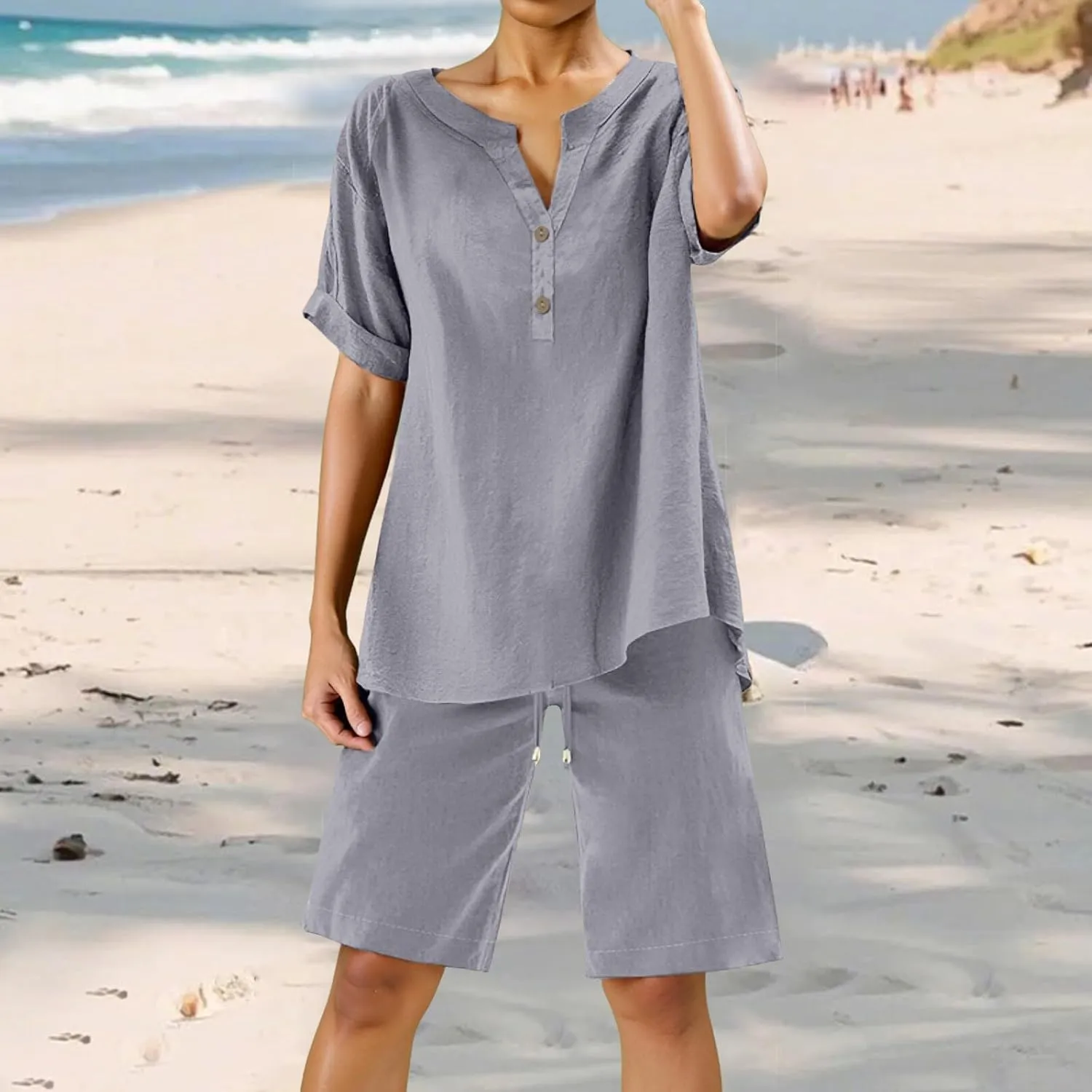 Linen Sets for Women 2 Piece Matching Sets Short Sleeve Pullover Tops Drawstring High Waisted Shorts Tracksuits