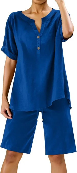 Linen Sets for Women 2 Piece Matching Sets Short Sleeve Pullover Tops Drawstring High Waisted Shorts Tracksuits