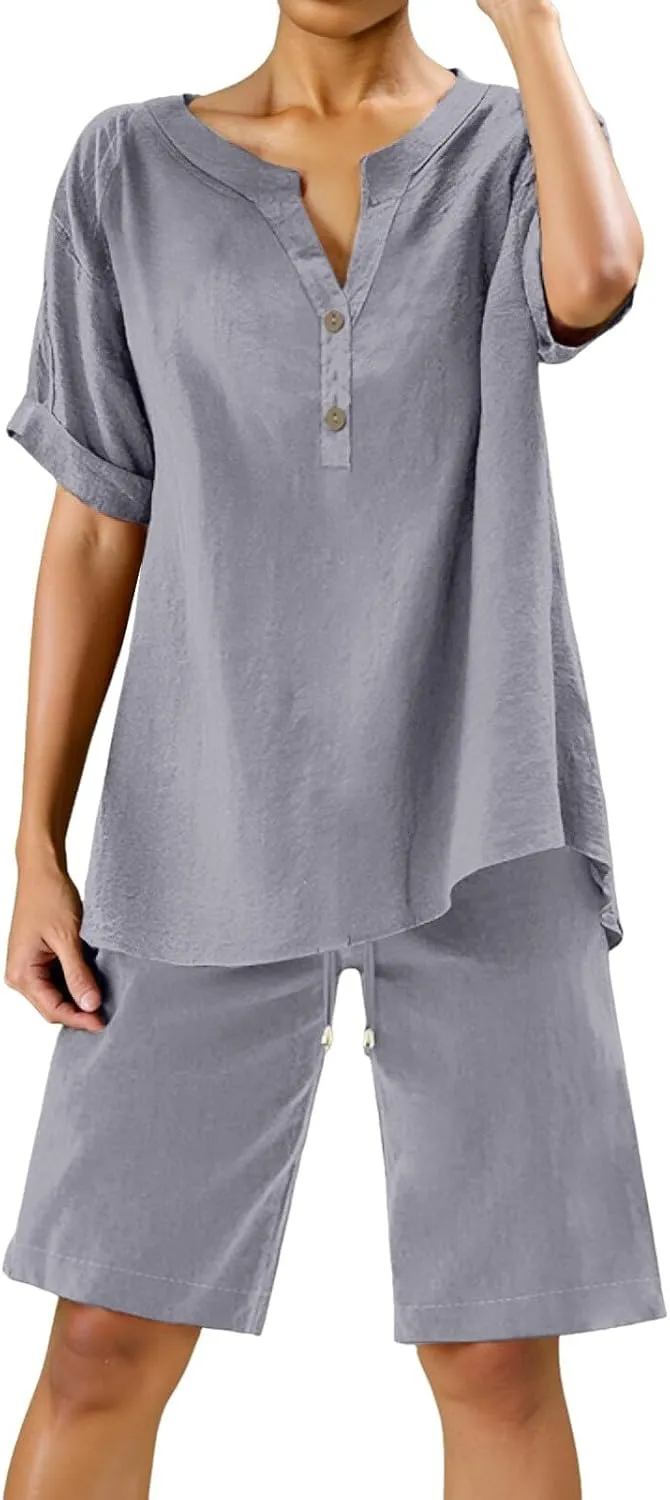 Linen Sets for Women 2 Piece Matching Sets Short Sleeve Pullover Tops Drawstring High Waisted Shorts Tracksuits