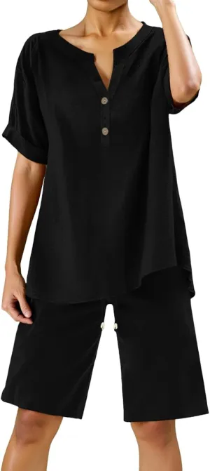 Linen Sets for Women 2 Piece Matching Sets Short Sleeve Pullover Tops Drawstring High Waisted Shorts Tracksuits