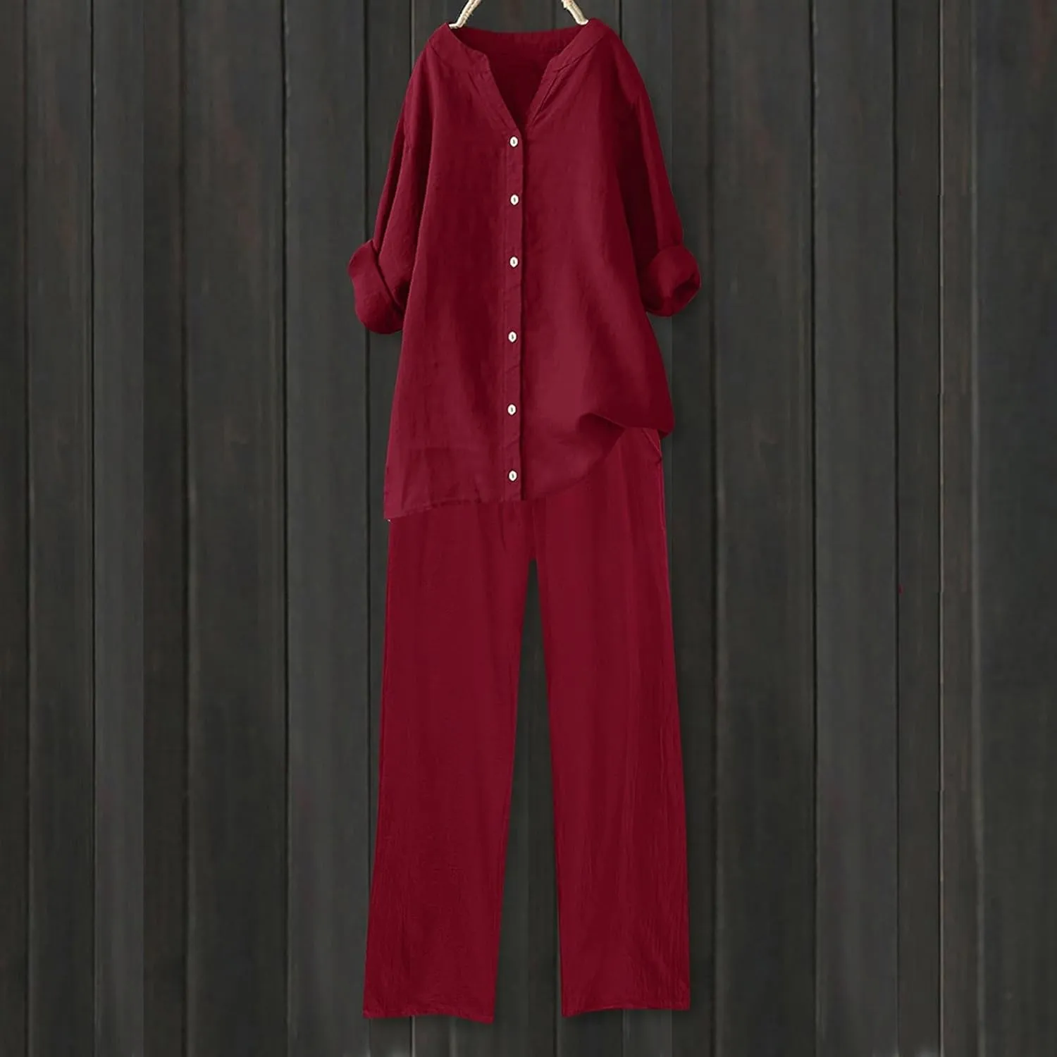 Linen Sets for Women 2 Piece Outfits Summer Button Down Shirt Wide Leg Casual Pants Solid Color Plus Size Tracksuit