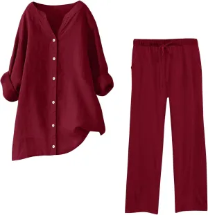 Linen Sets for Women 2 Piece Outfits Summer Button Down Shirt Wide Leg Casual Pants Solid Color Plus Size Tracksuit