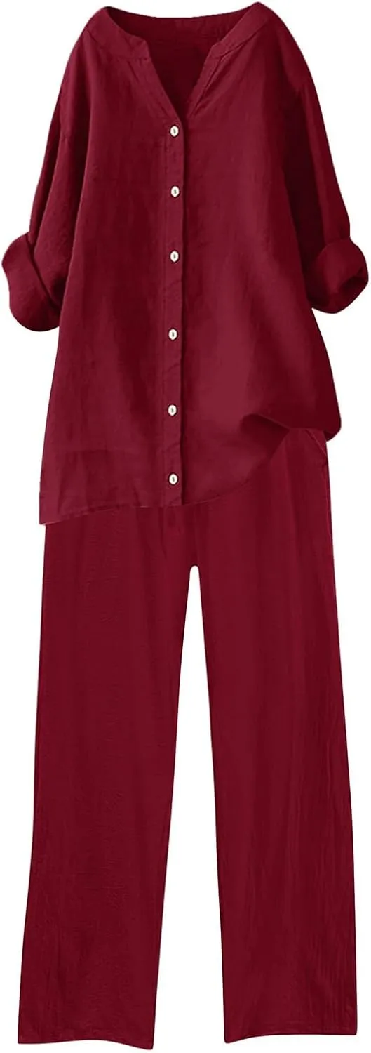 Linen Sets for Women 2 Piece Outfits Summer Button Down Shirt Wide Leg Casual Pants Solid Color Plus Size Tracksuit