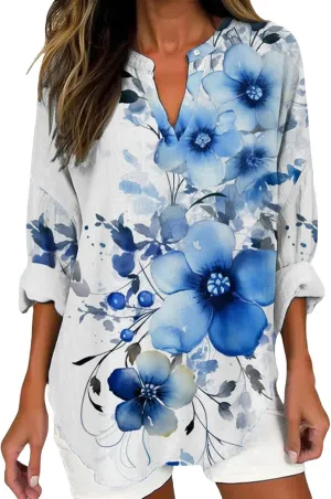 Linen Shirts for Women 2024 Summer Fall Long Sleeve Casual Tops Plus Size Loose Tshirt Vintage Floral Blouse Vacation