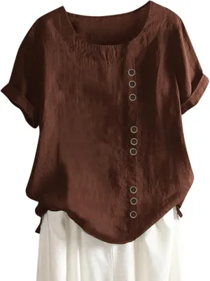 Linen Shirts for Women 2025 Summer Plus Size Crewneck Short Sleeve Gauze Tops Trendy Casual Loose Cute Work Blouses