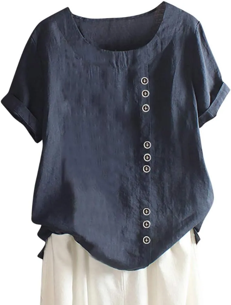 Linen Shirts for Women 2025 Summer Plus Size Crewneck Short Sleeve Gauze Tops Trendy Casual Loose Cute Work Blouses