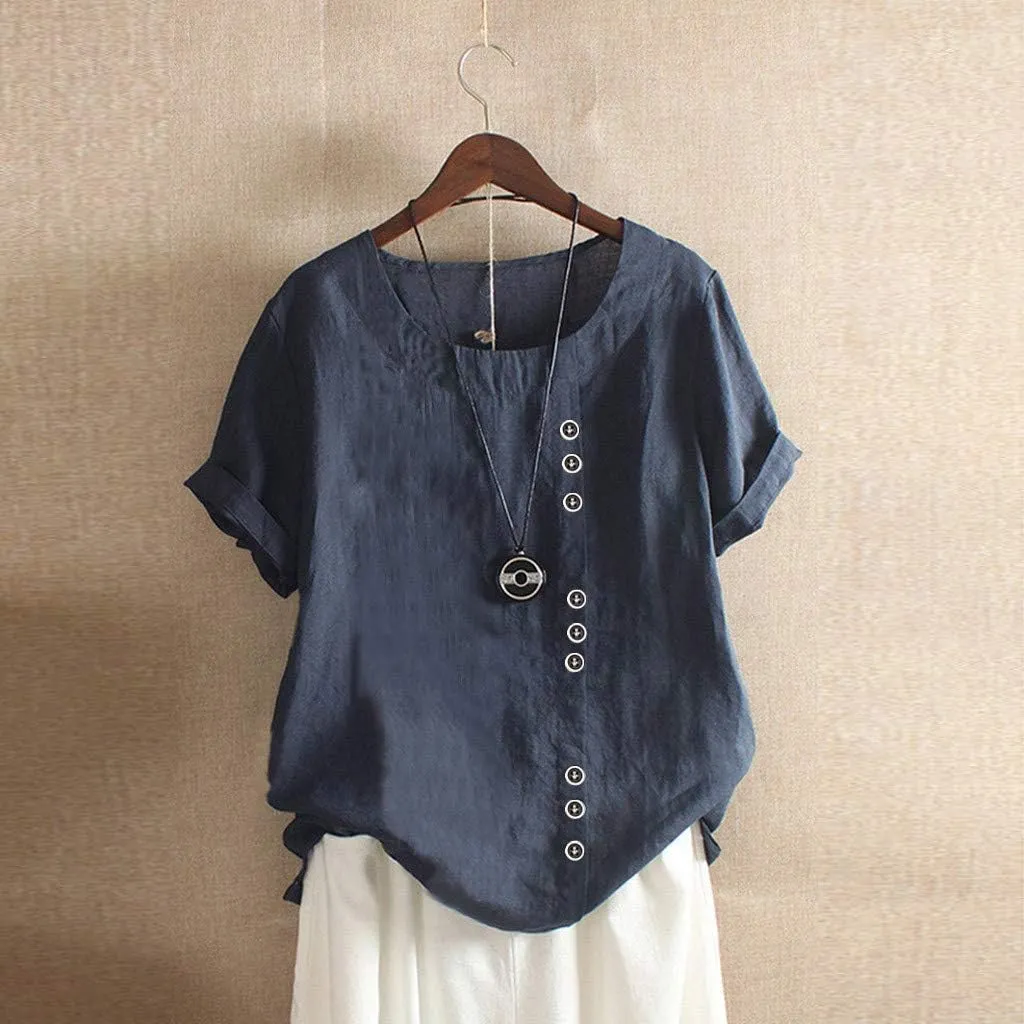 Linen Shirts for Women 2025 Summer Plus Size Crewneck Short Sleeve Gauze Tops Trendy Casual Loose Cute Work Blouses