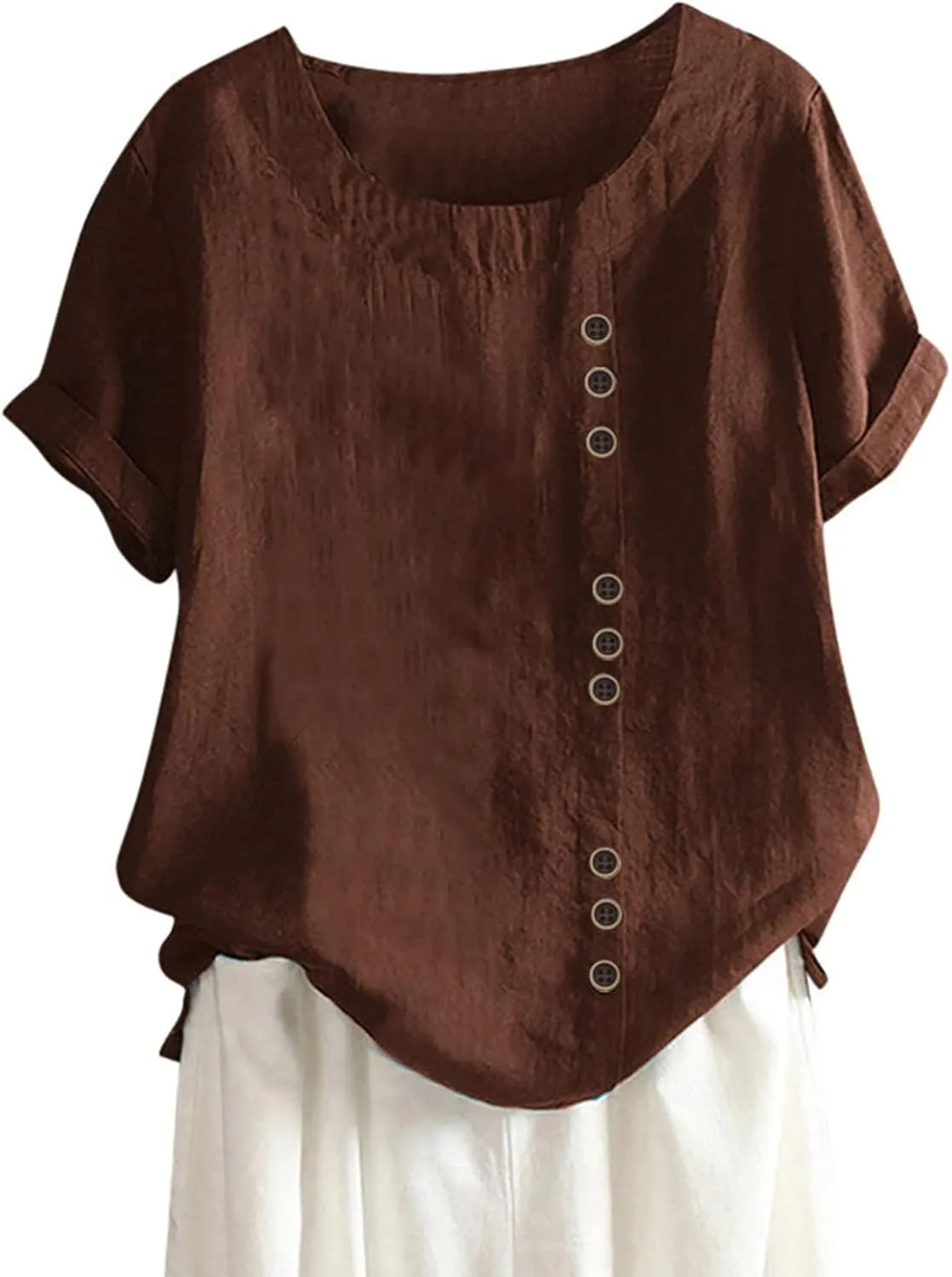 Linen Shirts for Women 2025 Summer Plus Size Crewneck Short Sleeve Gauze Tops Trendy Casual Loose Cute Work Blouses