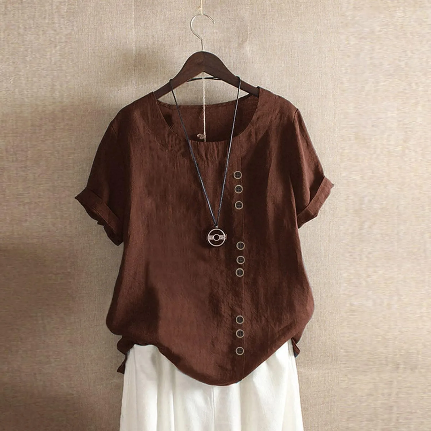 Linen Shirts for Women 2025 Summer Plus Size Crewneck Short Sleeve Gauze Tops Trendy Casual Loose Cute Work Blouses