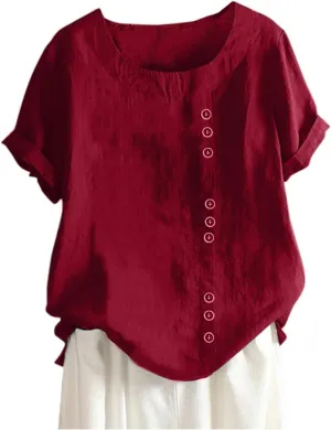 Linen Shirts for Women 2025 Summer Plus Size Crewneck Short Sleeve Gauze Tops Trendy Casual Loose Cute Work Blouses