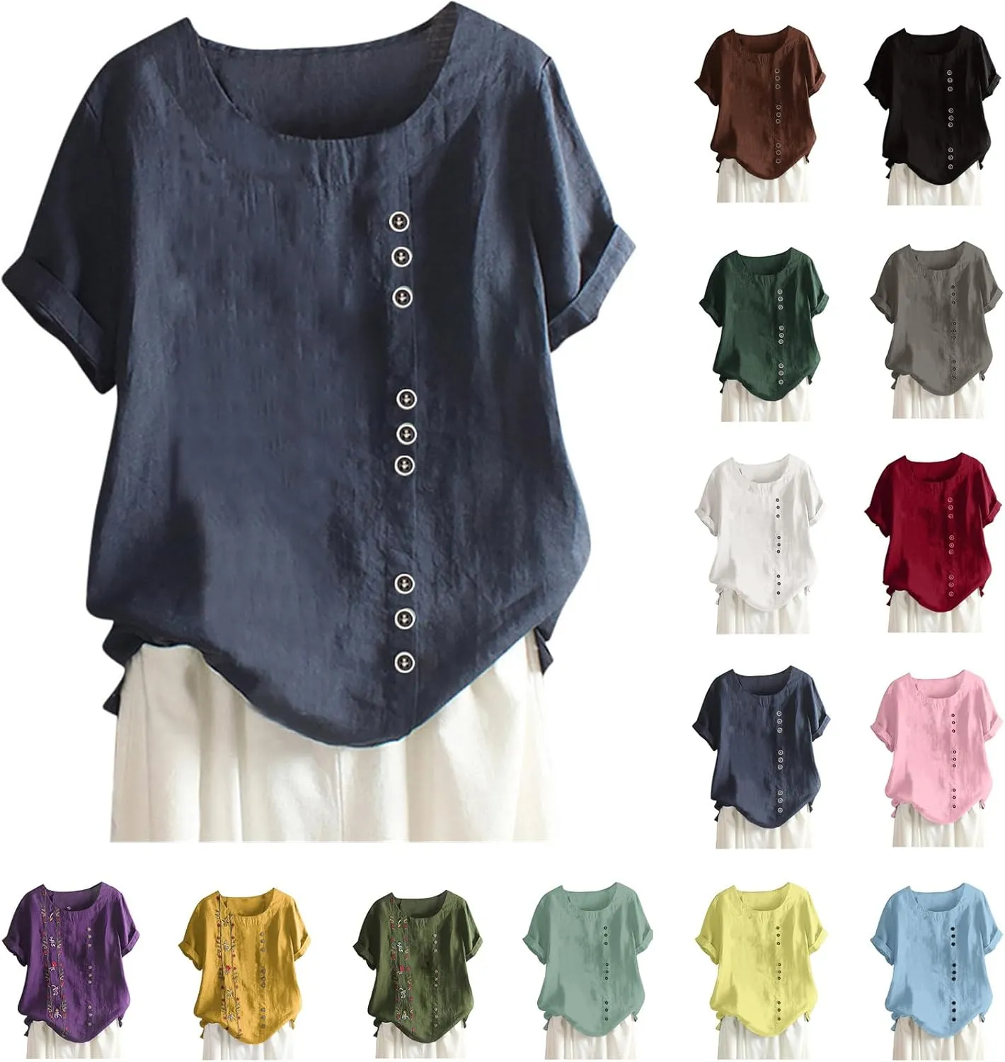 Linen Shirts for Women 2025 Summer Plus Size Crewneck Short Sleeve Gauze Tops Trendy Casual Loose Cute Work Blouses