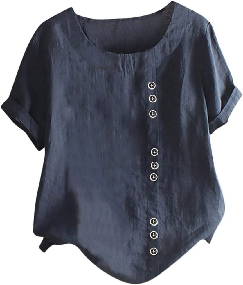 Linen Shirts for Women 2025 Summer Plus Size Crewneck Short Sleeve Gauze Tops Trendy Casual Loose Cute Work Blouses
