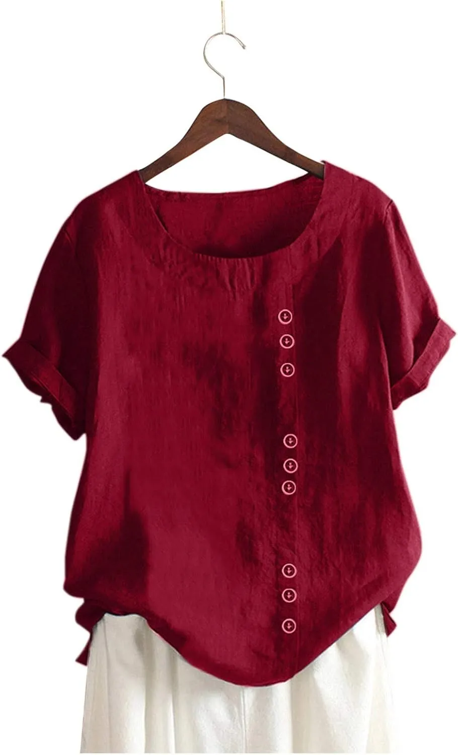 Linen Shirts for Women 2025 Summer Plus Size Crewneck Short Sleeve Gauze Tops Trendy Casual Loose Cute Work Blouses